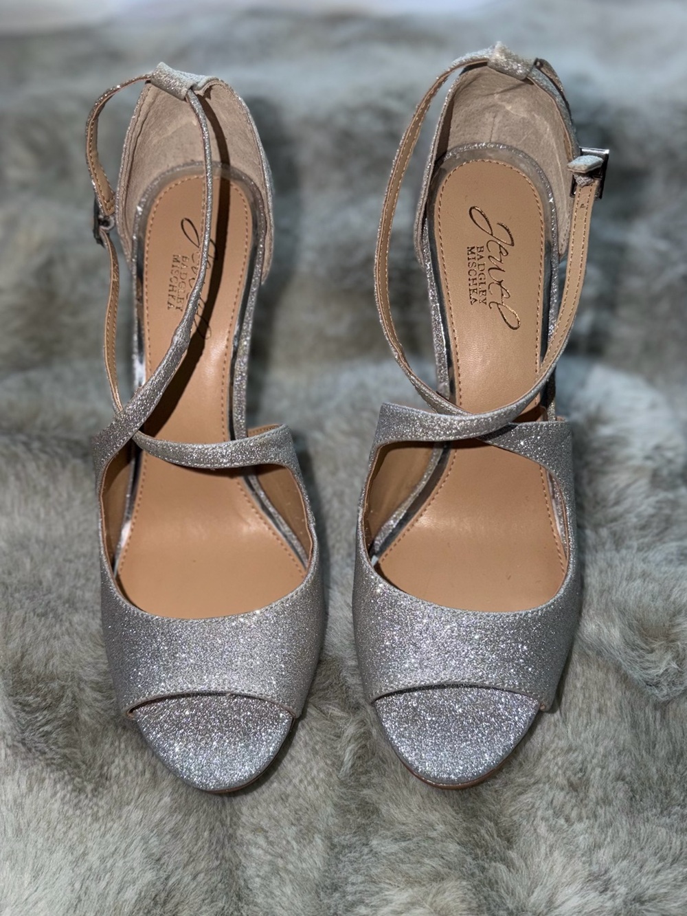 Jewel Badgley Mischka Sparkling Silver Glitter Peep-Toe Ankle-Strap Heels Size 9